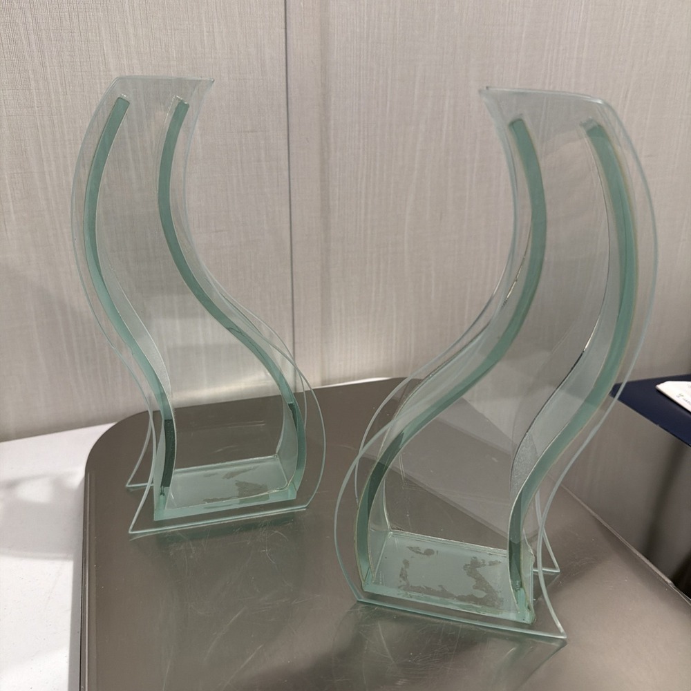 contemporary Art Deco glass sculptural Abstract Wavy vases Frosted Sides.